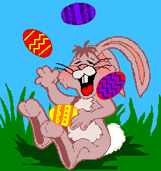 Velikonoce na mobil, velikonoční přání - velikonoční zajíc žonglující s kraslicemi